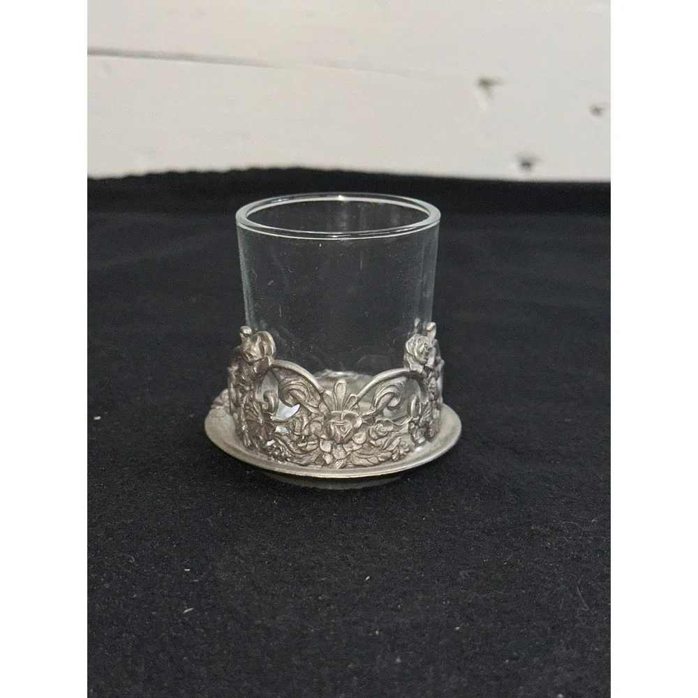 Rawcliffe Pewter 1995 Floral Rose Votive Candle Holder with Glass & Snuffer Set